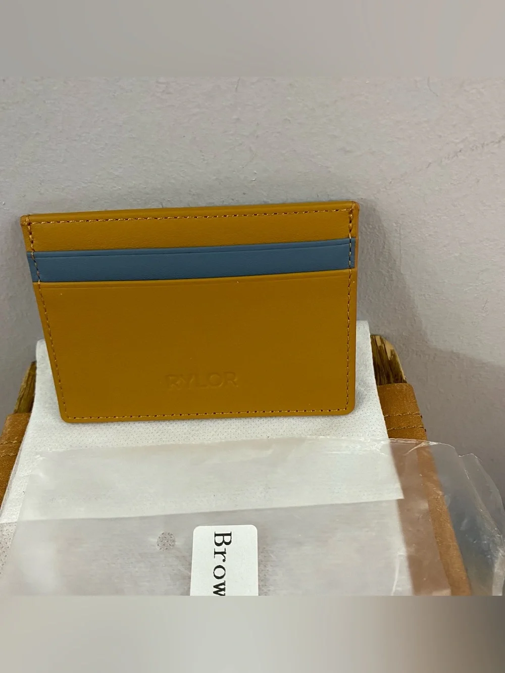 Rylor Heritage Stripe Leather Card Holder Minimalist Slim Wallet Brown Blue NWOT